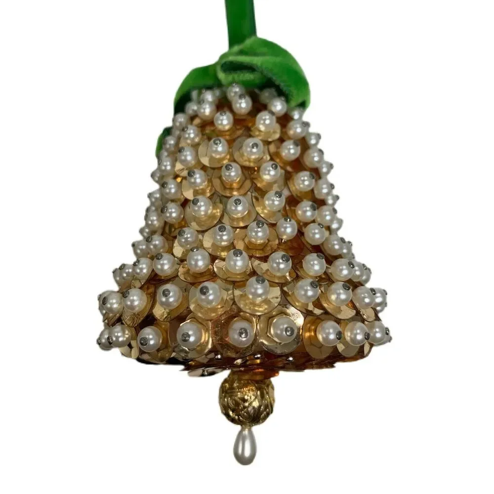 Vintage Sequin Push Pin Holiday Bells Tapestry Ribbon Christmas Decor Set 3